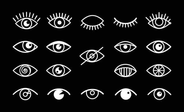 Different eyes signs. White outline eye isolated on black background. Vision symbols vector set