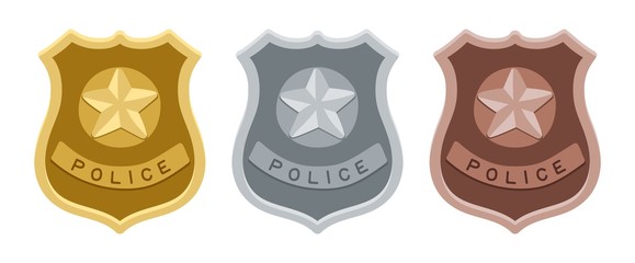 Police badges. Gold, silver and bronze shields. Isolated law enforcement vector labels