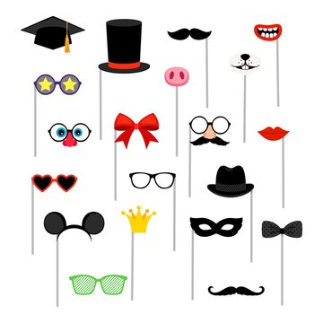 Photo booth accessories. Decorative elements on sticks. Mustache and lips, eyeglasses and bows, hats and masks. Festive vector set
