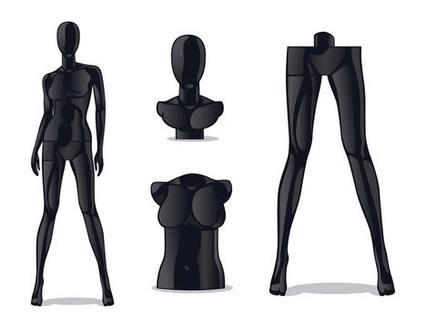 Plastic female mannequin. Woman model doll for fashion store. Isolated black girl dummy for clothes vector set