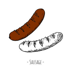 Hand-drawn isolated sausage. Vector cartoon illustration.