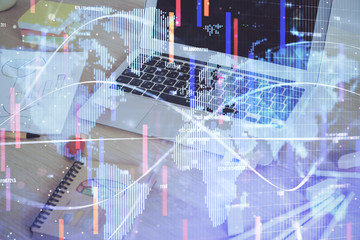 Multi exposure of business theme icons and work space with computer background. Concept of success.