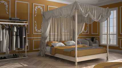 Classic luxury bedroom, hotel suite, herringbone parquet, stucco molded walls, double canopy bed with pillows and blankets, round carpet, armchair, yellow colored interior design