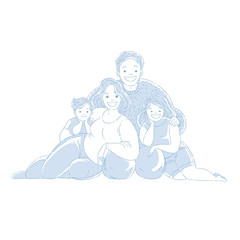 Parents and children are sitting on the floor. A happy family. Hand drawn style, monochrome vector illustrations.