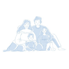 Parents and children are sitting on the floor. A happy family. Hand drawn style, monochrome vector illustrations.