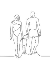 continuous one line drawing of a silhouette of a family of three: mom, dad and son walk along the beach holding hands. Hand-drawn black outline of a man, woman and their little child. Vector stock