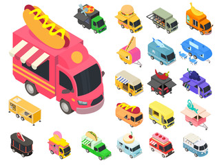 Food truck icons set. Isometric set of food truck vector icons for web design isolated on white background