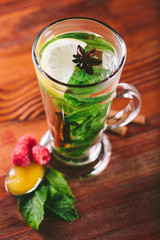 Mint and lemon tea in glass