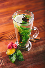 Mint and lemon tea in glass