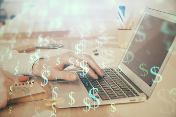 Double exposure of stock market graph with man working on laptop on background. Concept of financial analysis.