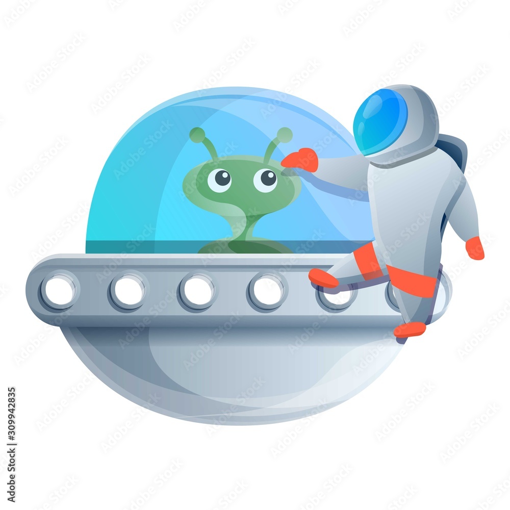 Aufkleber astronaut near ufo spaceship icon. cartoon of astronaut near ufo spaceship vector icon for web desig