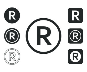 Registered trademark copyright icon shape set. R letter logo symbol sign. Vector illustration icon. Isolated on white background. Intellectual property owner. Square and circle round button mark pack.