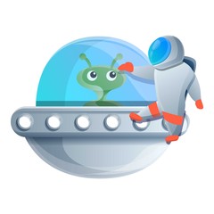 Astronaut near ufo spaceship icon. Cartoon of astronaut near ufo spaceship vector icon for web design isolated on white background