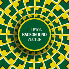 Round frame on yellow green optical illusion hypnotic background of rotating corners shapes.