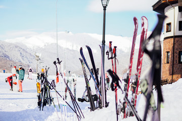 Alpine snowboards winter sports resort snow mountains,