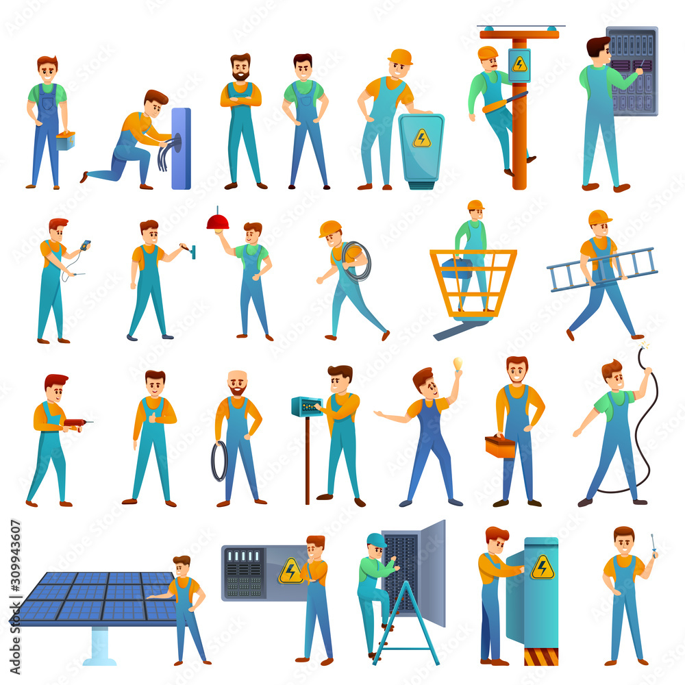 Poster electrician service icons set. cartoon set of electrician service vector icons for web design