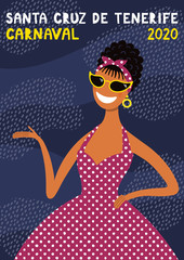 Hand drawn vector illustration with 50s fashion girl in sunglasses, dress, Spanish text Santa Cruz de Tenerife Carnaval 2020. Flat style design. Concept for carnival poster, flyer, banner.