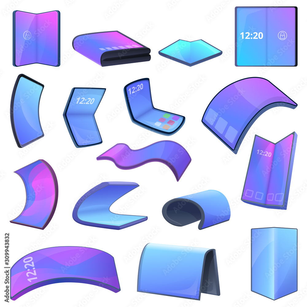 Poster flexible screen icons set. cartoon set of flexible screen vector icons for web design