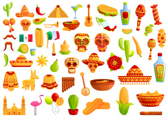 Mexico icons set. Cartoon set of Mexico vector icons for web design