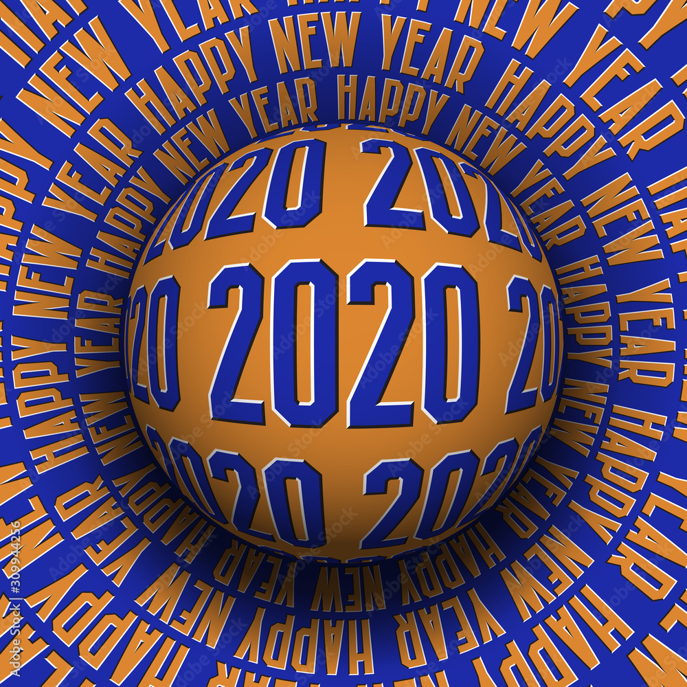 Aufkleber 2020 happy new year optical illusion greeting card. patterned sphere rolling on rotating surface.