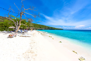 Fototapeta na wymiar Cas Abao beach - paradise white sand Beach with blue sky and crystal clear blue water in Curacao, Netherlands Antilles, a Caribbean tropical Island