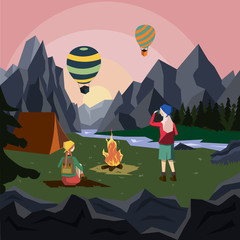 Young girls are resting by the fire. Mountain landscape and balloons in the sky. Illustration in a flat style.