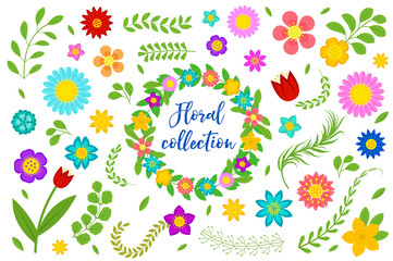 Flowers and leaves set. Floral collection isolated on white background. Spring, summer design elements for invitation, wedding or greeting cards. Floral frame with space for text. Vector illustration