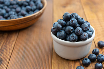 Ripe blueberries in the bowl on the wooden table. Fresh berries for breakfast.