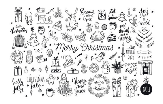 Big Merry Christmas and happy New Year festive vector collection. Different hand drawn doodle elements, Christmas tree, fireplace, cozy sweater, Winter holidays attributes.