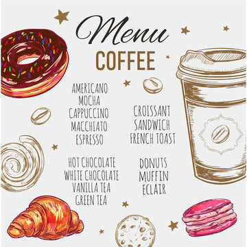 Coffee and Bakery restaurant Menu, brochure. Vector hand drawn template with sketch illustrations and handwritten
