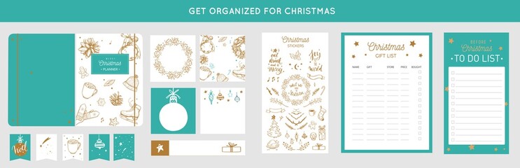 Merry Christmas organizer, planner, notepad, diary with vector hand drawn illustrations and handwritten calligraphy. Happy new year vintage elements. Get organized for ChristmasReady for print