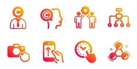 Restructuring, Employees teamwork and Recovery photo line icons set. Swipe up, Writer and Time management signs. Copyrighter, Chemistry molecule symbols. Delegate, Collaboration. Science set. Vector
