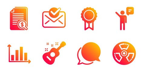 Chat message, Reward and Agent line icons set. Guitar, Approved mail and Diagram graph signs. Financial documents, Chemical hazard symbols. Speech bubble, Best medal. Education set. Vector