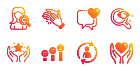 Collagen skin, Heart and Person info line icons set. Customer satisfaction, Ranking and Clapping hands signs. Vision test, Hold heart symbols. Skin care, Love chat. People set. Vector