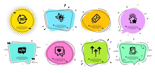 Ranking stars, Eco energy and Heart line icons set. Chat bubbles with quotes. E-mail, Prescription drugs and 360 degree signs. Ab testing, Swipe up symbols. Winner award, Lightbulb. Vector