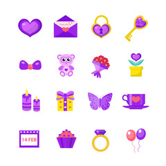 Valentines Day icon set, flat style. Love, romance and dating symbols collection, design element, object isolated on white background. Heart, love letter, flowers, gift. Vector illustration, clip art