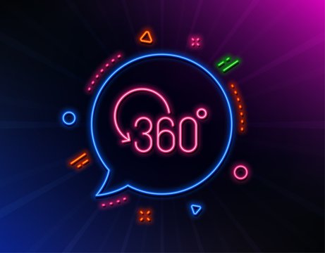 360 degree line icon. Neon laser lights. Full rotation sign. VR technology simulation symbol. Glow laser speech bubble. Neon lights chat bubble. Banner badge with full rotation icon. Vector