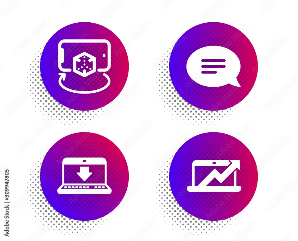 Poster internet downloading, augmented reality and chat icons simple set. halftone dots button. sales diagr