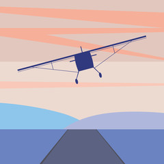 Fototapeta na wymiar A propeller-driven plane flies over the runway, Vintage flat vector stock illustration with retro airplane in the sky above the earth at sunset as a concept of freedom and lightness lifestyle