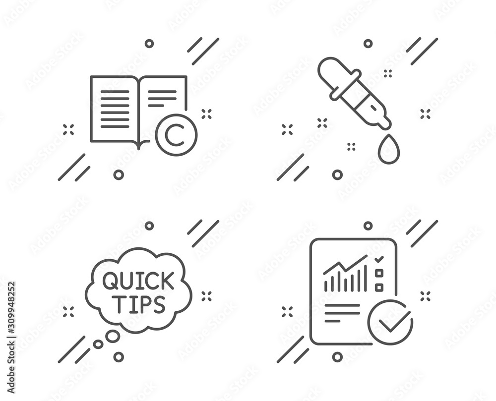 Poster chemistry pipette, copyright and quick tips line icons set. checked calculation sign. laboratory, co