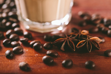 Spices and herbs on wooden background
