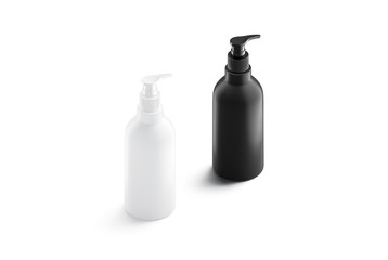 Blank black and white plastic soap bottle mockup stand isolated