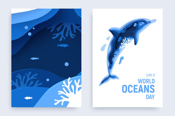 Paper art world ocean day banner set with dolphin silhouette. Underwater world page layout. Paper cut sea background with dolphin, waves and coral reefs. Craft vector illustration
