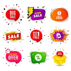 Big Sale. Banner badge, flash sale bubble. Special offer price sign. Advertising Discounts symbol. Last minute offer. Sticker badge, comic bubble. Discounts box. Vector