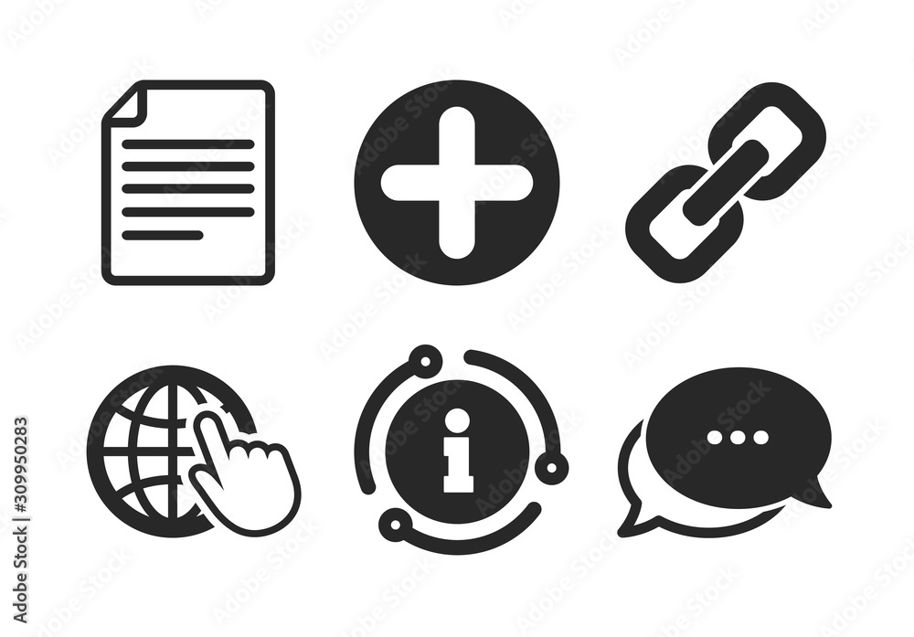 Poster document file and globe with hand pointer sign symbols. chat, info sign. plus add circle and hyperli