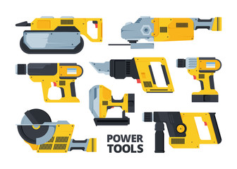 Yellow modern power tools flat illustrations set