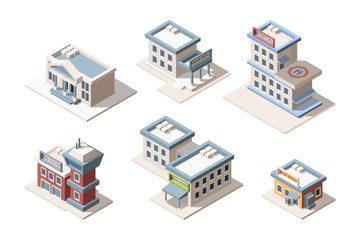 City buildings isometric 3D vector illustrations set