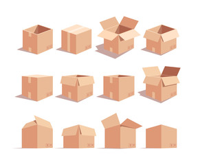 Carton boxes isometric 3D vector illustrations set