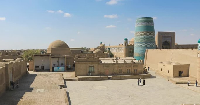 Panoramic view of Gate of Kunya-Ark citadel and Kalta Minor minaret in Khiva, Khorezm Region, Uzbekistan