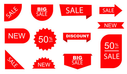 Sale tags. Sale Label collection set. Discount red ribbons, banners. Shopping Tags. Sale icons. Vector illustration.